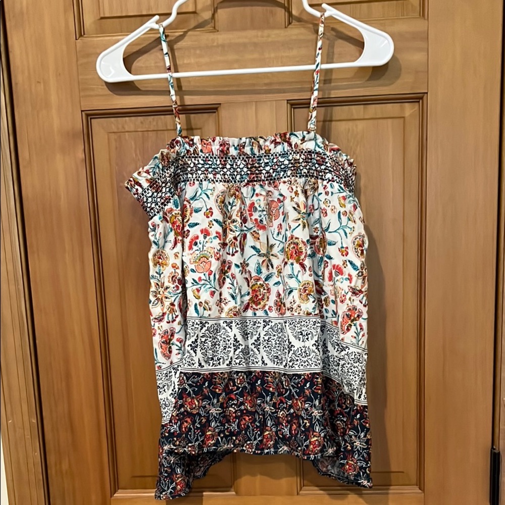 Maurices White and Orange Smocked Asymmetrical tank top